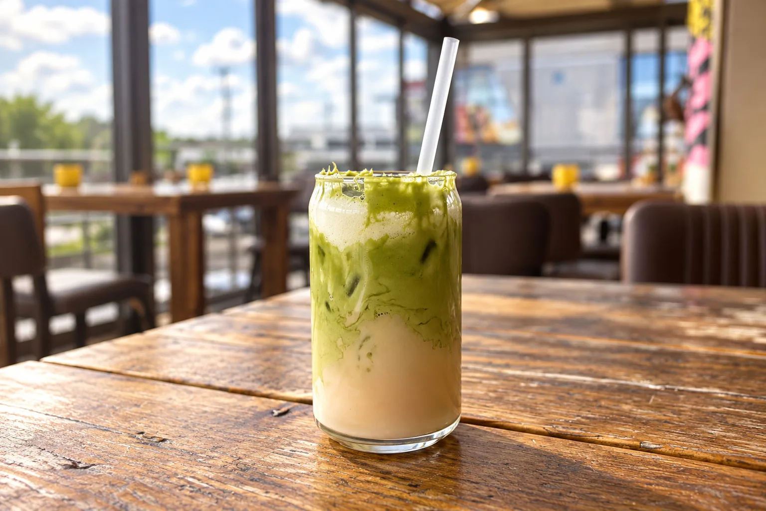 Iced Matcha auf einem Holztisch